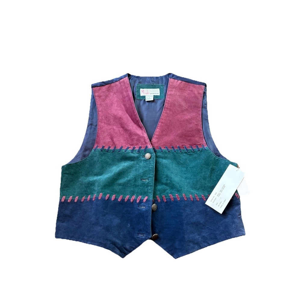 Milano‎ Design Group Suit Vest Mens Large Blue Green Print Leather Western NEW